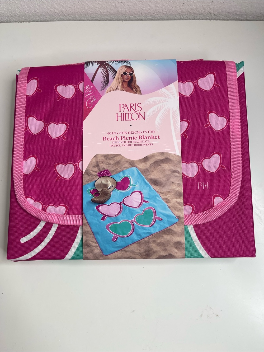 Paris Hilton Pink Heart Sunglasses Beach Picnic Blanket